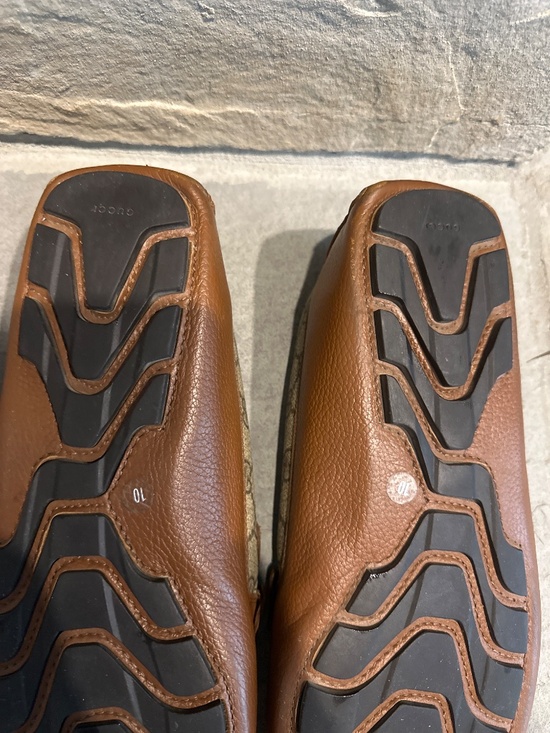 Authentic Gucci Men’s Brown Leather GG Supreme Web Driving Loafers Moccasin sz10